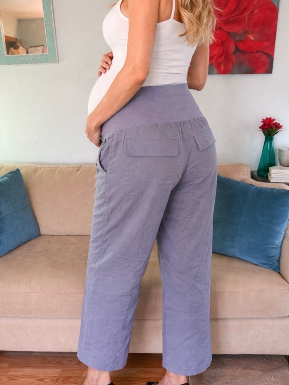 H&M Mama Maternity Linen Blend Loose Fit Baby Blue Pants Size M
